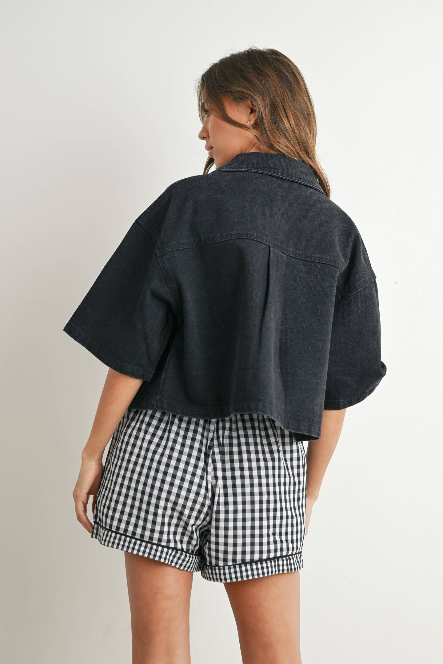 cropped dark denim button up